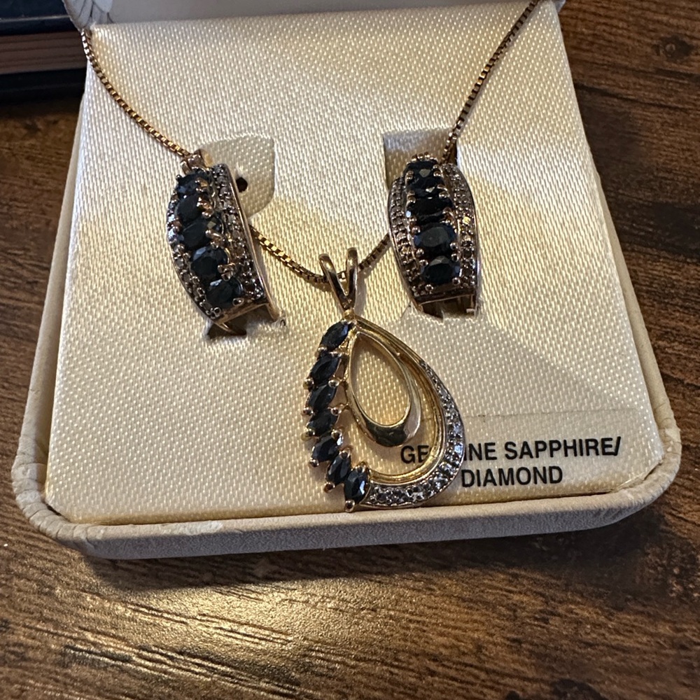 Blue Sapphire With Diamond Accent 18 Kt Gold Over Sterling Silver Jewelry Set